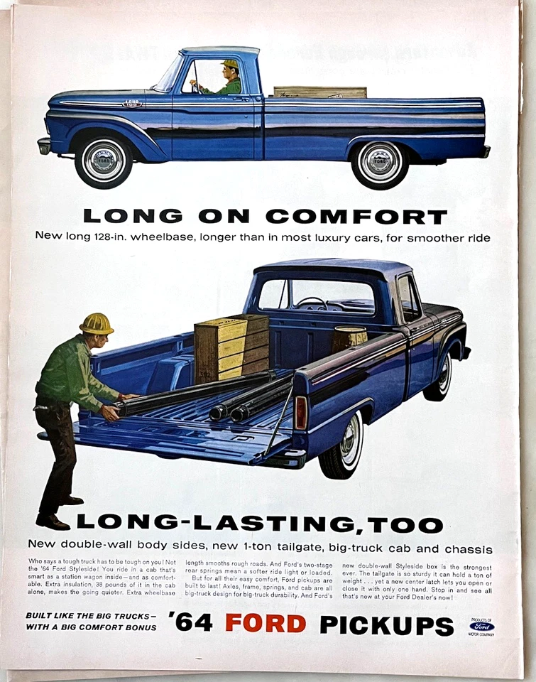 1964 magazine ad for Ford Styleside Pickup - Long on comfort, long lasting - Image 1 of 1