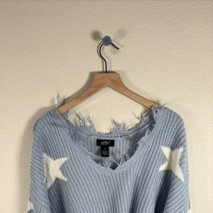 Polly NY Blue White Star Distressed Cropped V-Neck Sweater M Frayed - Bild 1 von 4