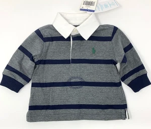 NWT Ralph Lauren Boys 3 Months Gray Rugby Shirt with Green Logo and White Collar - Picture 1 of 8