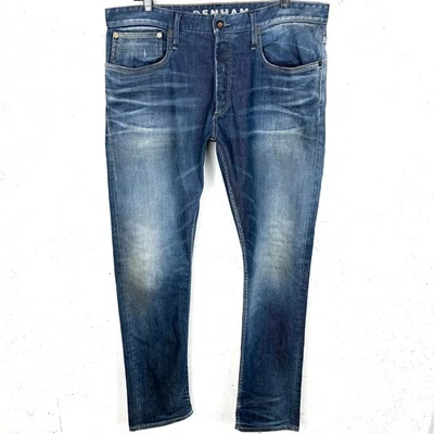 Pantalones de mezclilla Denham para hombre maquinilla de afeitar calce ajustado algodón poli elástico azul Niss talla 36 Foto 1 de 4