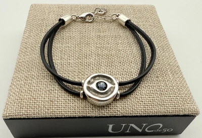 NEW Uno de 50 Ser Intuitiva Black Double Leather Strand Bracelet Eye Silver - Image 1 of 4