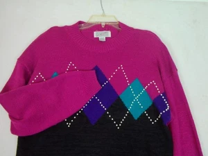 Vintage 90s Y2K Sweater A Little Extra Size 20W Shoulder Pads Argyle Grandma - Picture 1 of 8