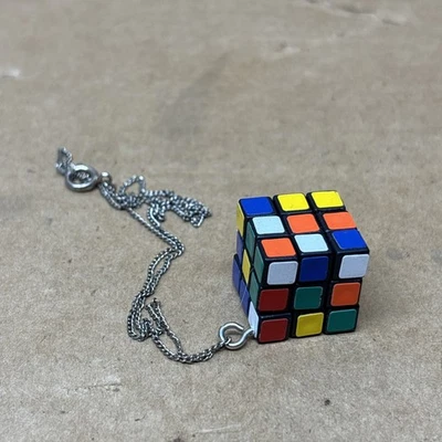 Vintage 80s Ideal Rubik's Cube Necklace Novelty Puzzle Silver Chain - Image 1 of 4