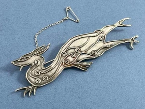 NICE LARGE VINTAGE SOLID SILVER MODERNIST NORSE DRAGON BROOCH BIRM 1997 - Picture 1 of 12