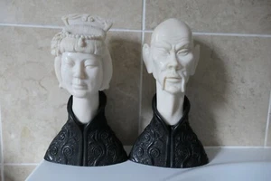 VINTAGE CHINESE BLACK ROBED AND 28 CM IVORINE RESIN FEMALE & MALE BUST FIGURINES - Picture 1 of 24