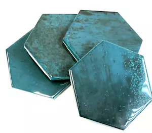 4 3/8x4 3/8 Glossy Gradient Mystique Green Hexagon Ceramic Mosaic Wall Tile - Picture 1 of 5
