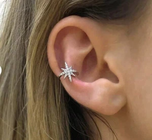 1 PC 18k White Gold Plated S925 CZ Star Minimalist Silver Star Ear Cuff Earring - Picture 1 of 6