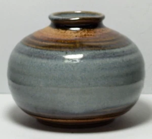 Vintage MCM PIC USA Art Pottery Squat Bulbous 4" Earth Tones Teal Blue Brown - Picture 1 of 8