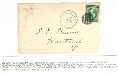 Claremont, NH. 1888 CDS, Cork cancel ties 2c on cover to Postmaster Geo. W. Paul - Image 1 of 2