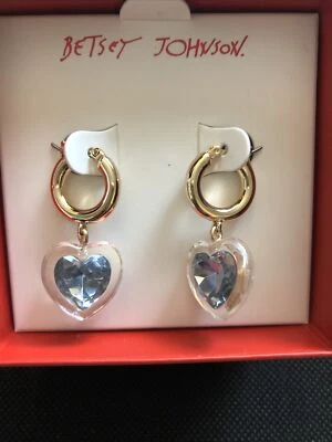 Betsey Johnson Gold Tone Acrylic Heart Huggie Hoop Earrings Blue Crystal NIB - Image 1 of 4
