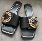 New Zara Flat Black Leather Sandals Gold Buckle Size 36/5.5