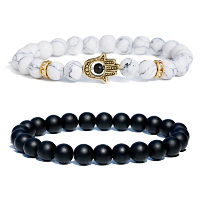 2x Negro Blanco Hamsa Khamsa Mal de Ojo Mano de Fátima Dije Cuentas Elegante Pulsera Foto 1 de 4