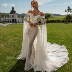 Sexy Mermaid Wedding Dress Off Shoulder Detachable Train Lace Sequin Bridal Gown - Picture 1 of 10