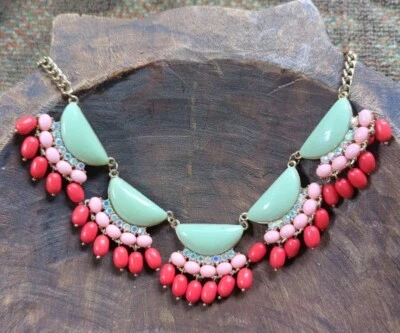 Green Peach Collar Statement Necklace W/Gold Tone & Rhinestones Ethnic Beauty EC - Image 1 of 4