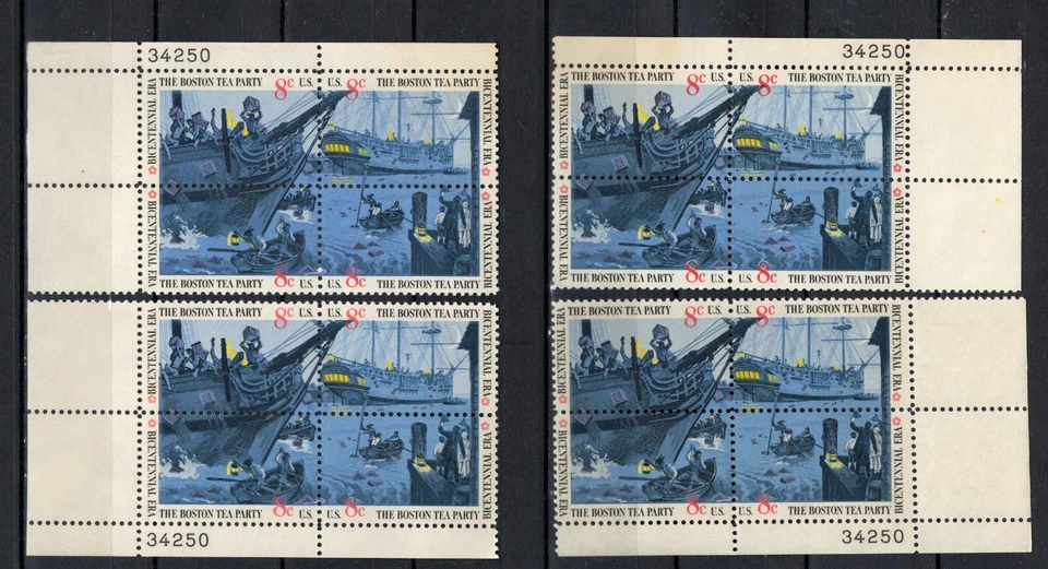1973 Boston Tea Party 4 Corner Plate# Blocks of  4 US Stamps SC #1480-83 OG MNH - Image 1 of 1