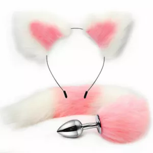 Cute Cat Ears Headband Fox Kitten Tail Metal Plug Insert Stopper BDSM Cosplay - Picture 1 of 32