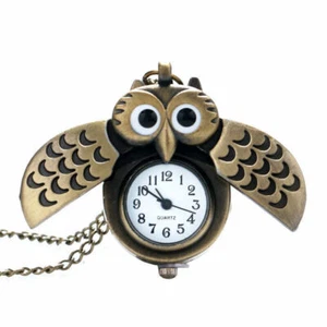 Silver Bronze Mini Owl Shape Unisex Quartz Analog Pocket Watch with Long Chain - Picture 1 of 11