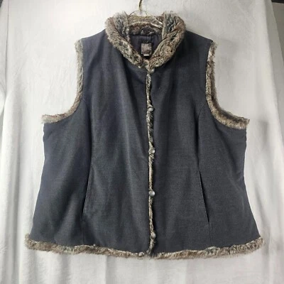 J. Jill Women Charcoal Gray Vest Faux Fur Trim Western Viking Cabin Size 3X Boho - Image 1 of 4