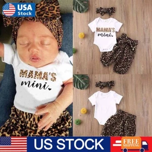 3Pcs Newborn Baby Girl Clothes Set Romper Bodysuit Top Leopard Pants Outfits - Picture 1 of 11
