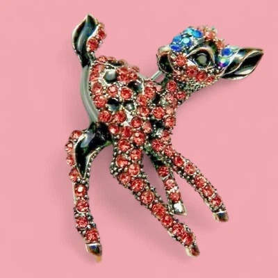 RETRO PINK FAWN BROOCH pendant baby deer pink rhinestone crystal kitsch pin H5 - Image 1 of 4