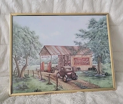 Vintage Print Coca-Cola Themed Artwork Titled “Martin’s Garage” Gas Station Car  - Image 1 of 4