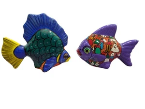 Mexican Pottery Fish Folk Art Hand Painted Bright Multicolor Red Clay 6" Set 2 - Picture 1 of 12