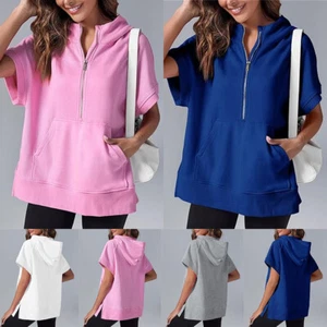 Womens Half Zip Pullover Stylish Summer Women's Zipper Hoodie with Short Sleeves - Picture 1 of 22