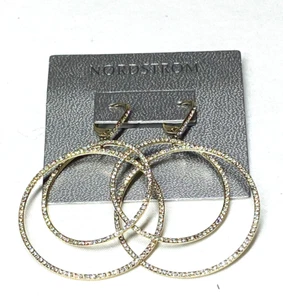Nordstrom Gold Tone Clear Pave Crystal Dangle Double Hoops Leverback Close 2.75" - Picture 1 of 7
