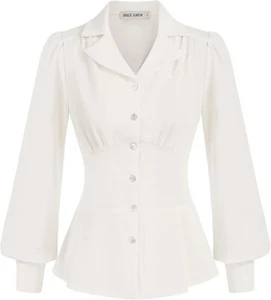 Women's Peplum Button Down Collared Long Sleeve Blouse, White S (B33) - Picture 1 of 5
