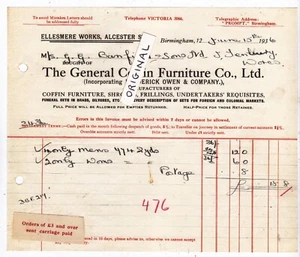COFFIN FURNITURE BIRMINGHAM VINTAGE BILLHEAD 1936 FUNERALS DEATH FREDERICK OWEN - Picture 1 of 1