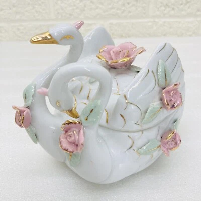 VTG‼ Double Head Swan Trinket Box White Porcelain Pink Roses Gold Edging • GUC‼ - Image 1 of 4