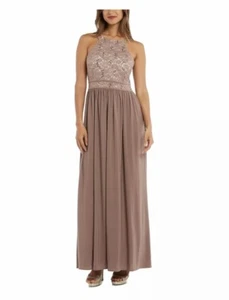 NIGHTWAY Women’s Beige Gown Sleeveless Halter Maxi Evening Fit + Flare Dress 8 - Picture 1 of 4