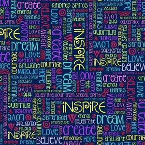 Celestial Magic Laurel Burch Text WORDS to Inspire NAVY Blue Fabric FQ - 1/4 YD - Picture 1 of 9