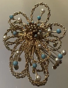 *RARE *SIGNED COROCRAFT BROOCH & FLOWER TWISTED FAUX Tourquoise Pearl GOLD TONE - Picture 1 of 11