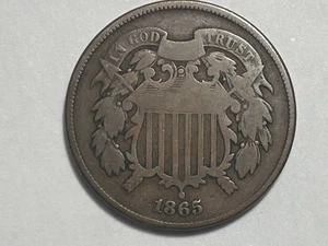 1865 Philadelphia Mint Copper Two Cent Coin - Picture 1 of 4
