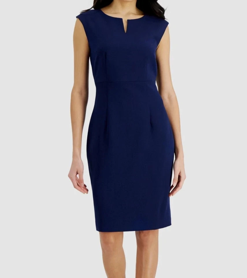 Kasper Women's Blue V-Notched Round Neck Sleeveless Sheath Dress Size 14