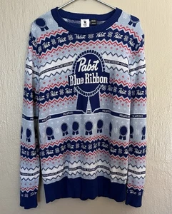 Pabst Blue Ribbon Beer PBR Crew Neck Sweater Ugly Christmas Novelty Size L - Picture 1 of 3