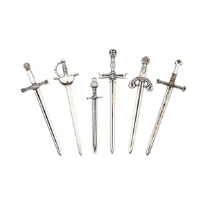 6x Knight Sword Charms Metal Antique Pendants Miniature Long Sword - Picture 1 of 6