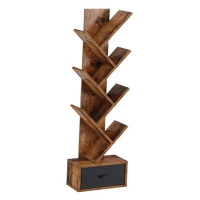  Bookshelf with Drawer, Tree Bookshelf, Small Bookshelves 7 Tier Rustic Brown - Image 1 of 4