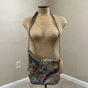 Anuschka Leather Boho Asymmetrical Crossbody Bag Purse Artsy Colors - Picture 1 of 24