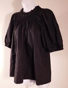 J CREW Women's Black High Ruffle Neck Cotton Short Sleeved Blouse Sz S - Picture 1 of 8