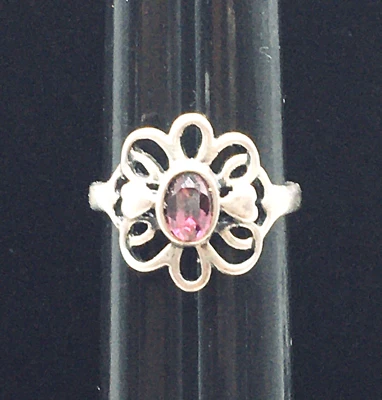 Prata esterlina flor coração motivo ágata roxa 925 tamanho 6,75 assinado - Imagem 1 de 4