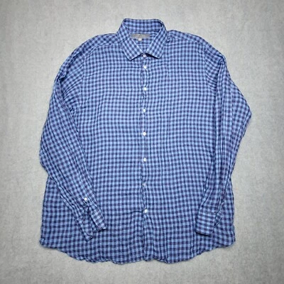Neiman Marcus Men’s Linen Long  Sleve Button Down Blue Check 2XL - Image 1 of 4