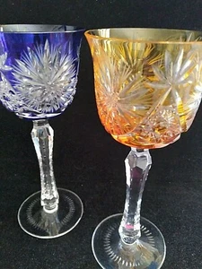 Pair Hand Cut To Clear Wine Crystal Glasses Cobalt Blue Amber Clear Stem - Picture 1 of 12