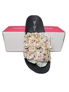 Nature Breeze Fluff Beige Women's Shoes Beaded Open Toe Slide Sandals Sz 7.5 NIB - Picture 1 of 5