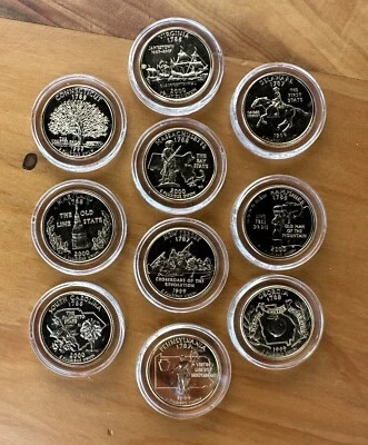 Statehood Quarter Dollars 24kt. Gold Layered Edition 1999 - 2000 Set Of 10 - Image 1 of 4