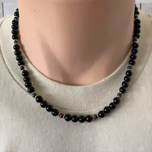 Black Onyx and Mahogany Obsidian Beaded Mens Necklace - Picture 1 of 2