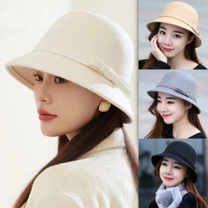Women Lady Vintage Faux Wool Round Fedora Bow Cloche Derb Felt Bowler Cap Hat / - Picture 1 of 23
