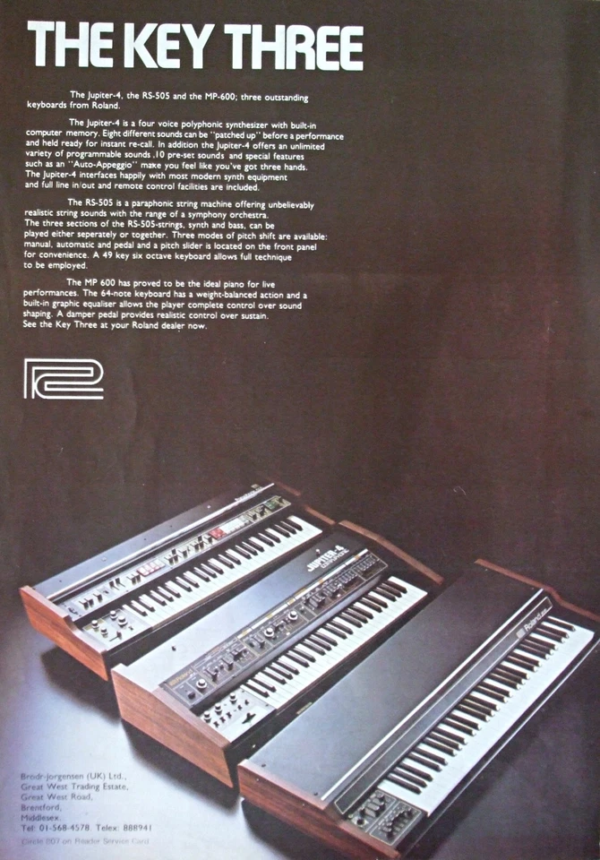 Roland Jupiter-4 RS-505 MP-600 Synthesizers Keyboards Vintage Advert Poster 1979 - Image 1 of 1