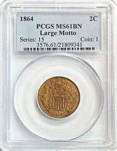 1864 UNITED STATES 2 CENTS COIN LARGE MOTTO PCGS MINT STATE 61 BROWN - Picture 1 of 2
